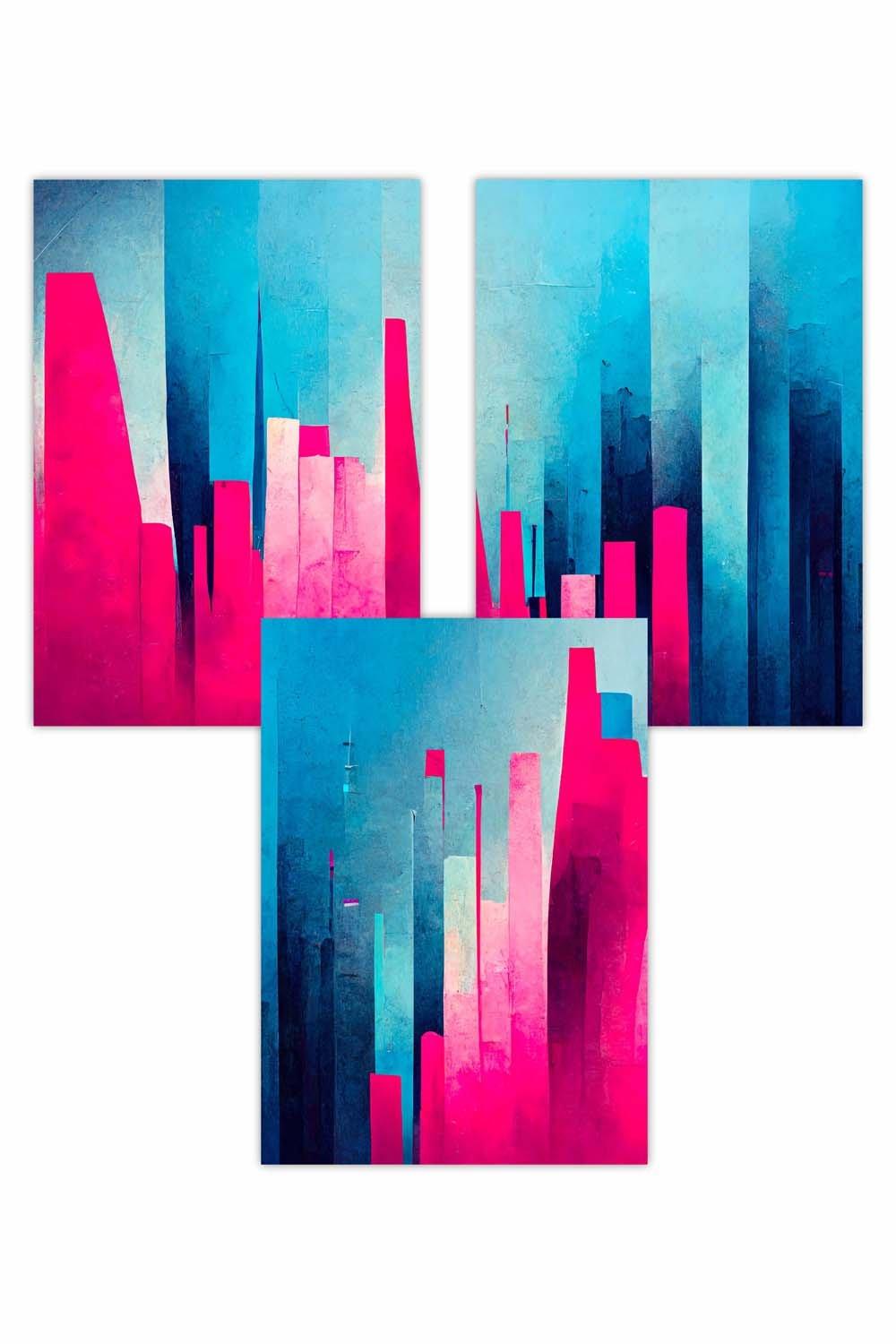 Set of 3 Geometric Abstract Bright Blue and Hot Pink Miami Art Posters